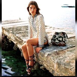 Tory Burch Ivory & Black Fish Print Tunic Top w/ Mirror Sequins